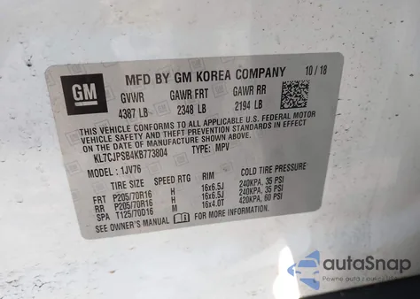 2019 Chevrolet Trax Lt из США, поврежденный, VIN KL7CJPSB4KB773804